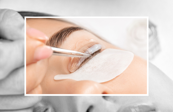 of lamination and dyeing of eyelashes to a beautiful woman in a beauty salon. Eyelash extensions. Eyelash lifting